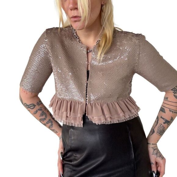 • Y2K BCBGMAXAZRIA WOOL SEQUIN RUCHED BUTTOM EVENING JACKET CARDIGAN SIZE S - Picture 1 of 6
